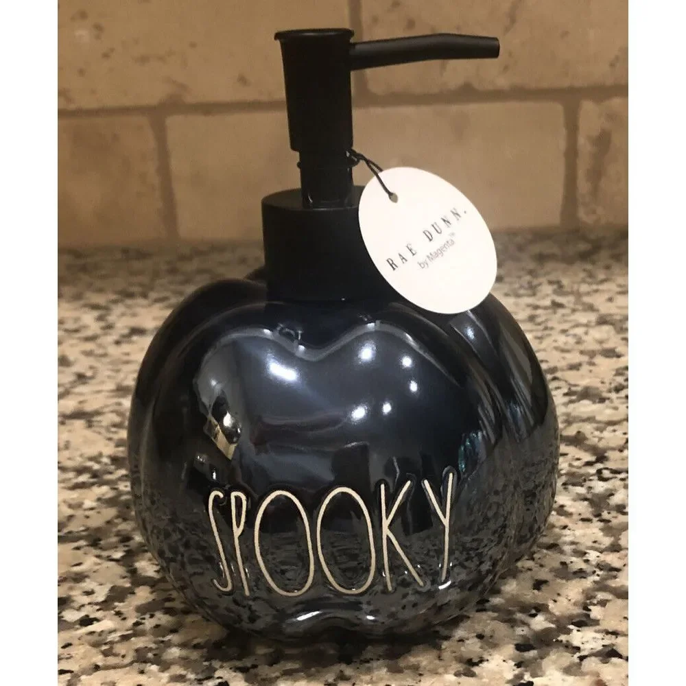 New Rae Dunn Halloween SPOOKY Black Luster Pumpkin Soap‎ Lotion Dispenser